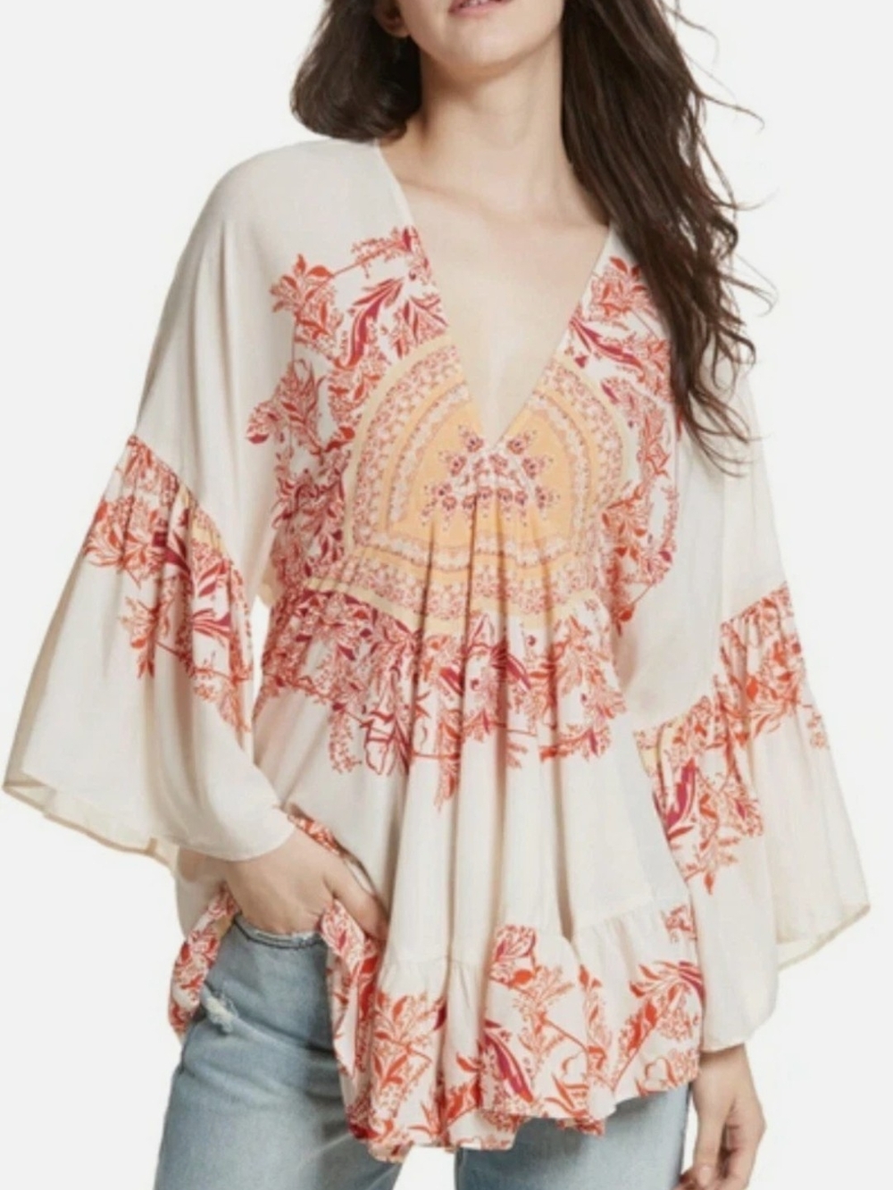 Free People Cream Tunic with Red & Orange Floral Medallion